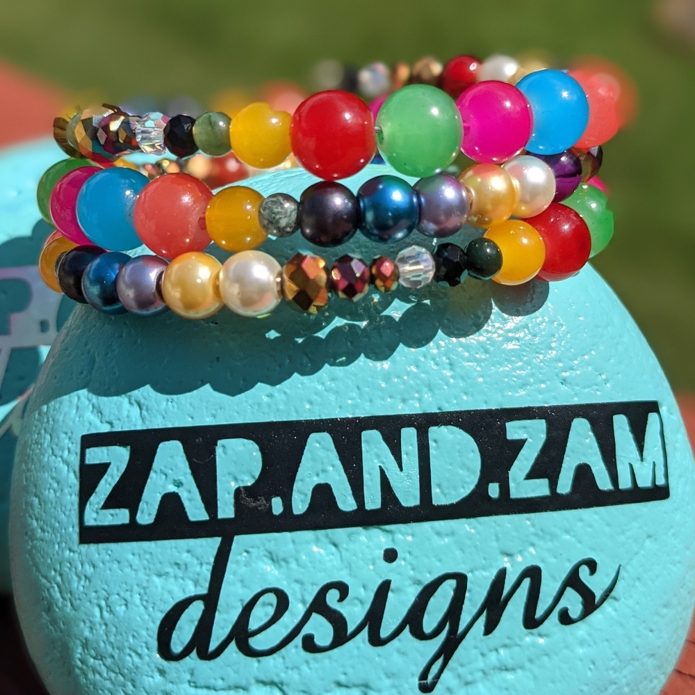 Jasper Beads Bracelet Colorful Rainbow Handmade Memory Wire Jewelry Bright Color - Picture 4 of 11